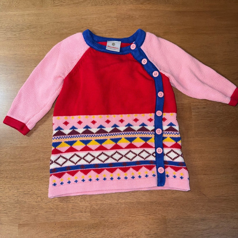 Hanna Andersson Kids Pink Fair Isle Cotton Knit Button Sweater Dress 70 6-12M